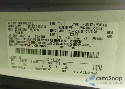 2018 Ford Transit-250 from USA, damaged, VIN 1FTYR2CM1JKB29650